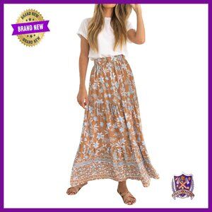 Bohemian Floral Maxi Skirt with Elastic Waist and Pockets